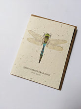 Load image into Gallery viewer, a plantable seed card - the card has a textured look from the seeds imbedded in the paper. There is a dragonfly drawing on this one that says "Green Darner Dragonfly - Anax Junius"