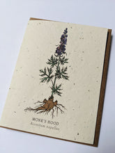 Load image into Gallery viewer, a plantable seed card - the card has a textured look from the seeds imbedded in the paper. There is a purple floral drawing on this one that says "Monk's Hood - Aconitum Napellus"