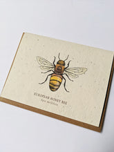 Load image into Gallery viewer, a plantable seed card - the card has a textured look from the seeds imbedded in the paper. There is a bee drawing on this one that says "European Honey Bee - Apis Mellifera"