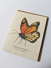 Load image into Gallery viewer, a plantable seed card - the card has a textured look from the seeds imbedded in the paper. There is a butterfly drawing on this one that says "Monarch Butterfly - Danaus Plexippus"