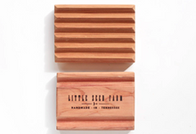 Load image into Gallery viewer, the front and back side of the wooden soap dish. The back side of the dish says "Little Seed Farm Handmade in Tennessee"