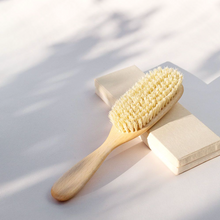 Load image into Gallery viewer, a light colored wooden hair brush with vegan bristles