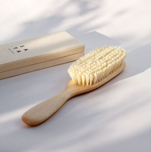 Load image into Gallery viewer, a light colored wooden hair brush with vegan bristles