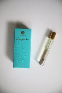 a travel size roll on perfume bottle next to a blue box that says "Bungalow"