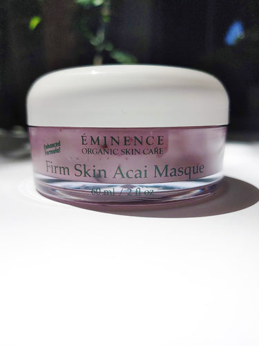 a jar of the firm skin acai masque by Eminence. The jar is short and wide.