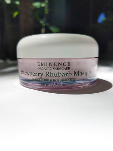 a jar of Strawberry Rhubarb Masque by Eminence. the jar is short and wide.