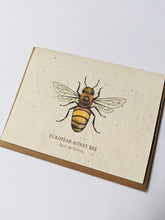 Load image into Gallery viewer, a plantable seed card - the card has a textured look from the seeds imbedded in the paper. There is a bee drawing on this one that says &quot;European Honey Bee - Apis Mellifera&quot;
