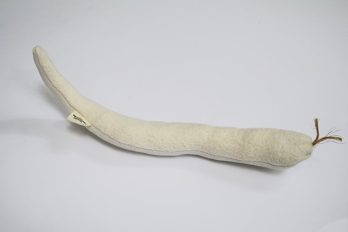 a snake cat toy made of hemp and organic cotton. the snake's tongue is made of rope.
