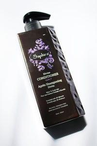 a bottle of conditioner by Saphira. it has a pump top.
