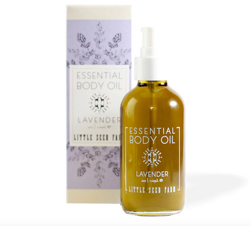 a bottle of lavender body oil by Little Seed Farm