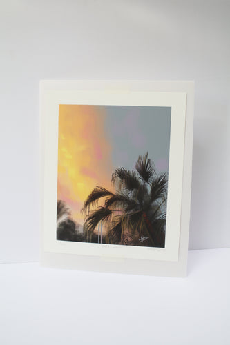 a print of a painting of palm trees with a sunset reflected in the clouds behind them. The art is by local artist of Bone Island Art.