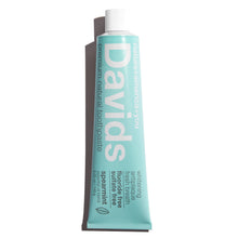 Load image into Gallery viewer, a tube of David&#39;s Natural Toothpaste. it says &quot;Premium Natural Toothpaste. Whitening, Antiplaque, Fresh Breath, Flouride Free, Sulfate Free. Spearmint essential oil blend&quot;
