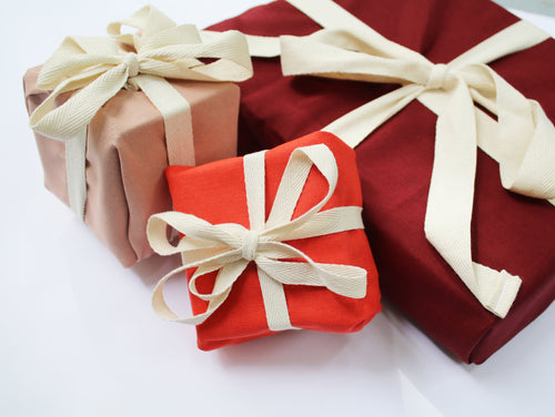 wrapped present with red resuable wrapping paper by Marley's Monsters