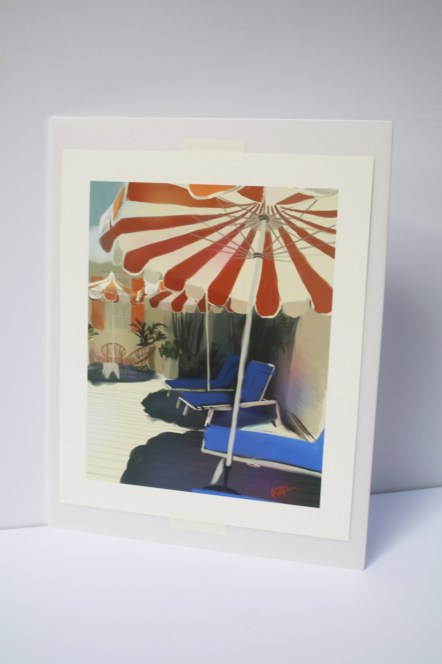 a fine art print of a painting of blue lawn chairs under an orange and cream stripped umbrella by Bone Island Art